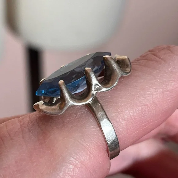 Antique art Deco Oversized Marquee Blue Topaz Brutalist Sterling Silver Ring - Picture 5 of 17